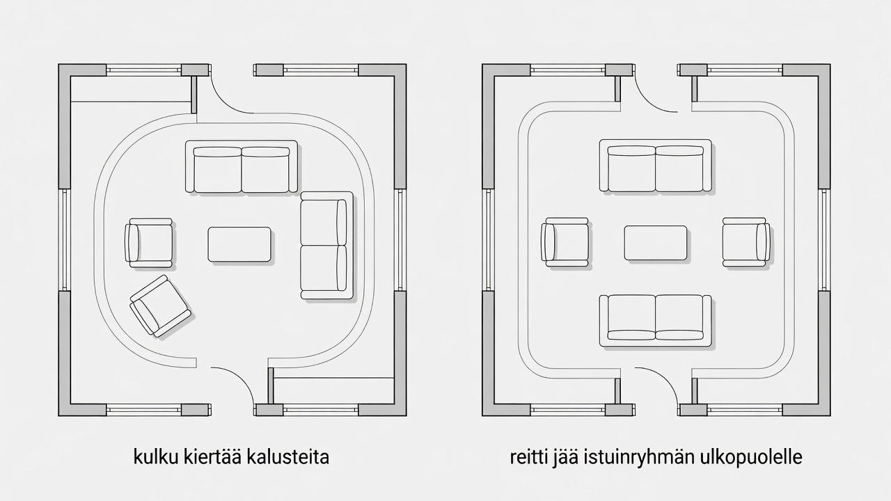 Kaksi ylhäältä piirrettyä olohuonetta: ensimmäisessä kulku kiertää kalusteita, toisessa reitti jää istuinryhmän ulkopuolelle.