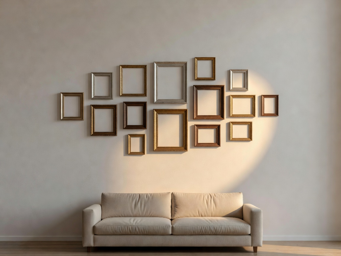 Sama seinä, jossa kehykset on koottu sohvan ylle ja sivuvalo piirtää rauhallisen valoalueen.